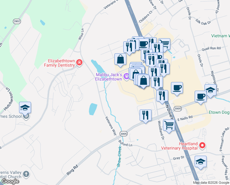 map of restaurants, bars, coffee shops, grocery stores, and more near 324 Towne Drive in Elizabethtown