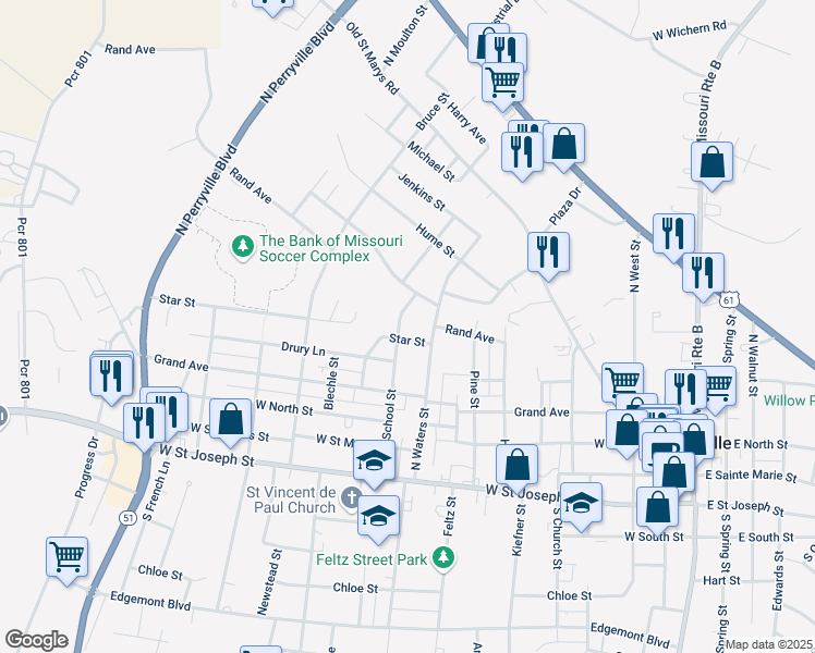 map of restaurants, bars, coffee shops, grocery stores, and more near 412 School Street in Perryville