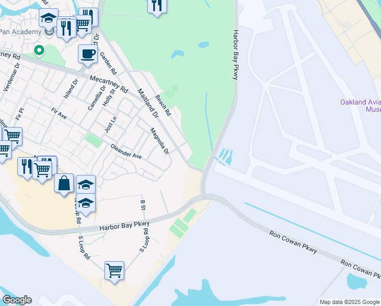 map of restaurants, bars, coffee shops, grocery stores, and more near 400 Fairway Place in Alameda