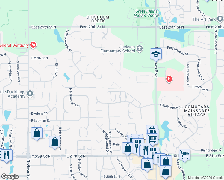 map of restaurants, bars, coffee shops, grocery stores, and more near 2609-2613 North Edgemoor Drive in Wichita