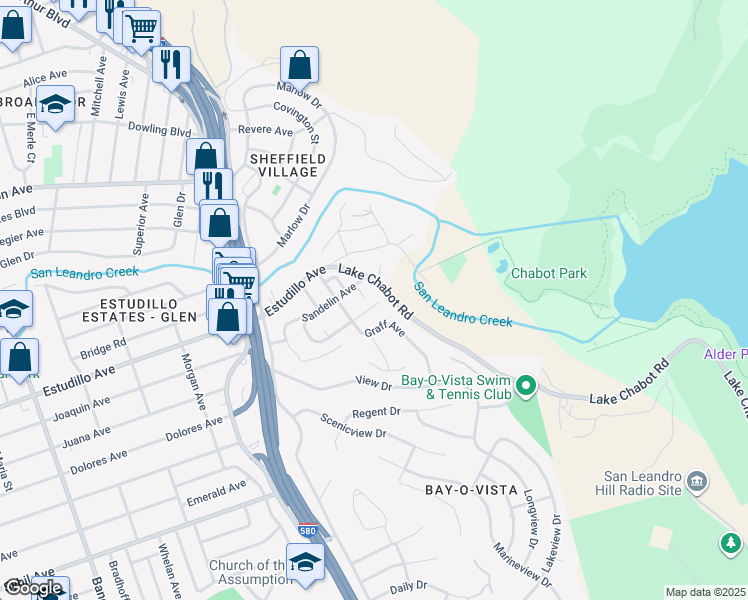 map of restaurants, bars, coffee shops, grocery stores, and more near 1500 East Juana Avenue in San Leandro