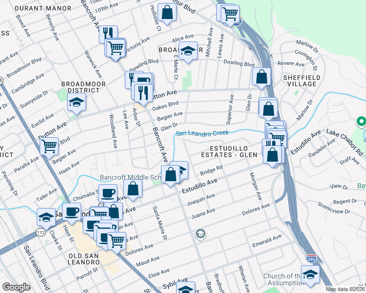 map of restaurants, bars, coffee shops, grocery stores, and more near 941 San Jose Street in San Leandro