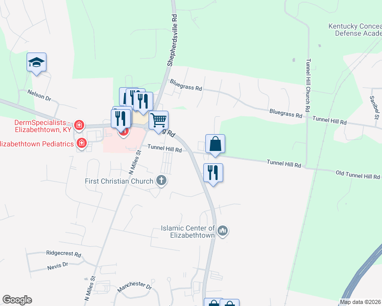 map of restaurants, bars, coffee shops, grocery stores, and more near 2601 Ring Road in Elizabethtown