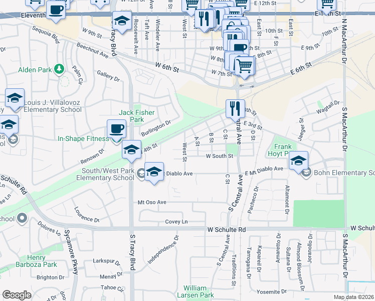 map of restaurants, bars, coffee shops, grocery stores, and more near 226 West Pasqua Glen in Mountain House