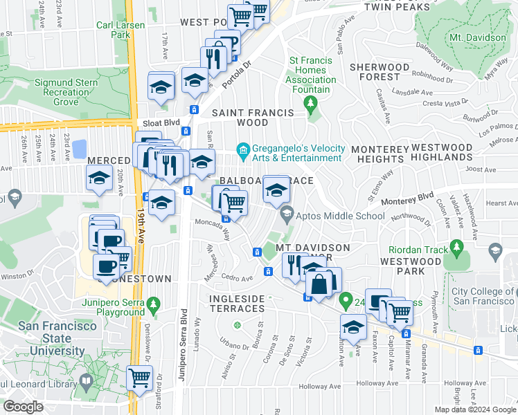 map of restaurants, bars, coffee shops, grocery stores, and more near 350 San Benito Way in San Francisco