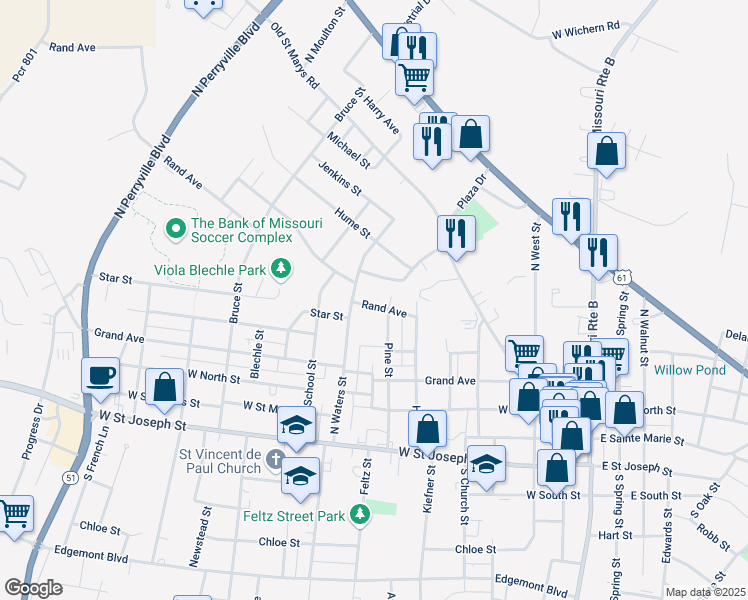 map of restaurants, bars, coffee shops, grocery stores, and more near 612 Rand Avenue in Perryville