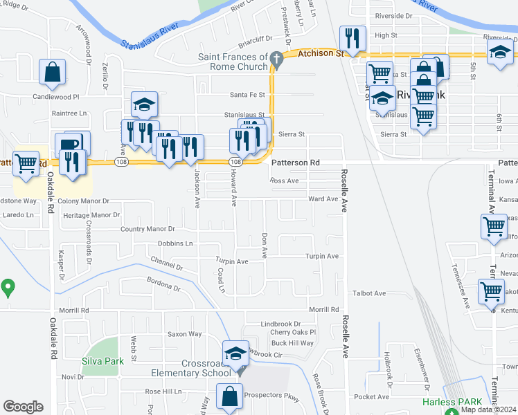 map of restaurants, bars, coffee shops, grocery stores, and more near 6243 Don Court in Riverbank