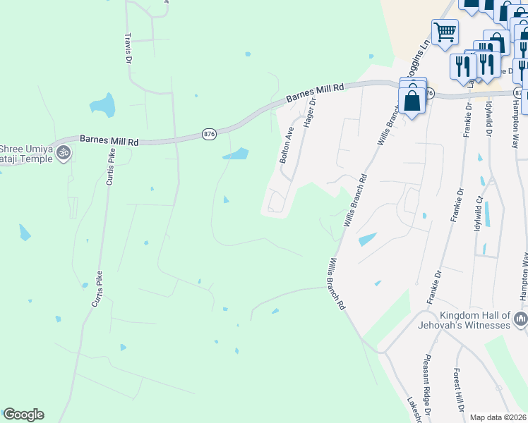 map of restaurants, bars, coffee shops, grocery stores, and more near 125 Plantation Drive in Richmond