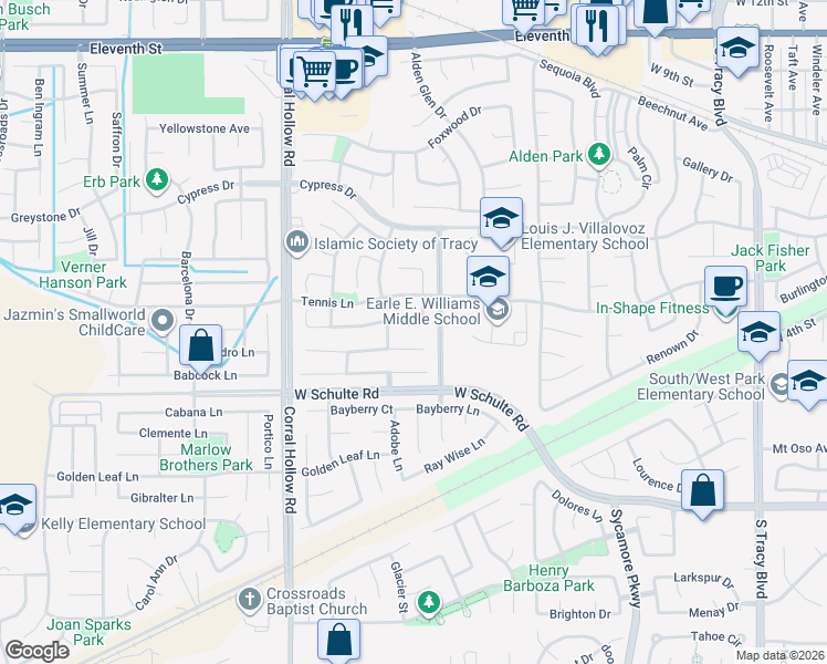 map of restaurants, bars, coffee shops, grocery stores, and more near 210 Thomas Dehaven Lane in Tracy