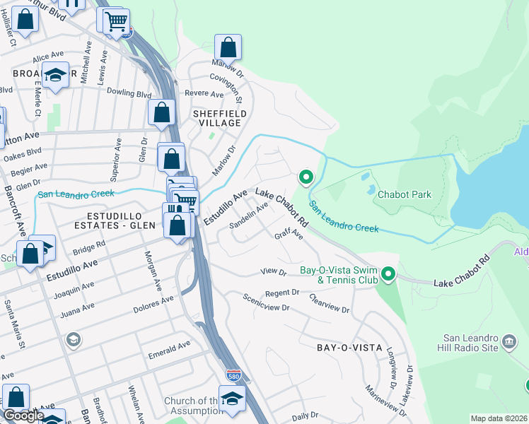 map of restaurants, bars, coffee shops, grocery stores, and more near 1385 Sandelin Court in San Leandro