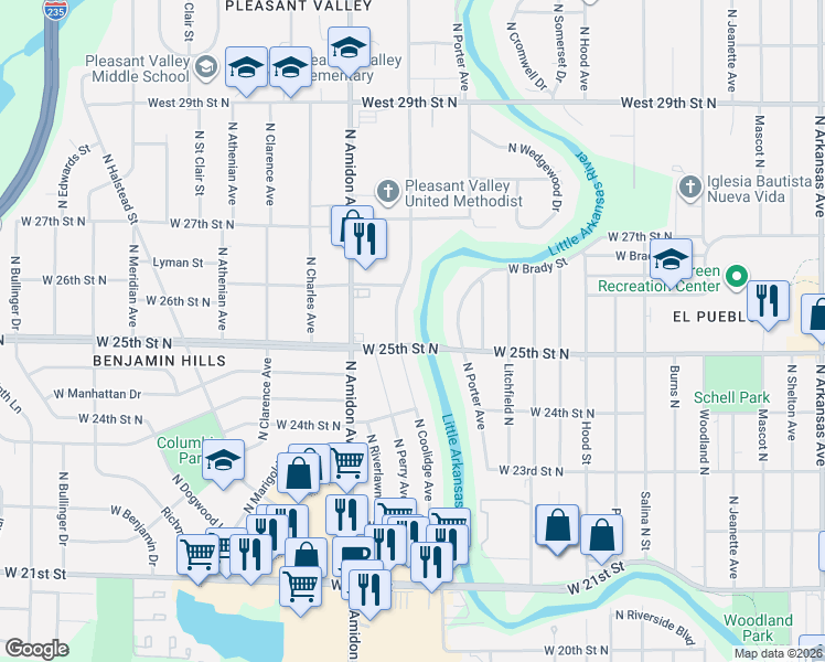 map of restaurants, bars, coffee shops, grocery stores, and more near 2620 N Coolidge Ave in Wichita