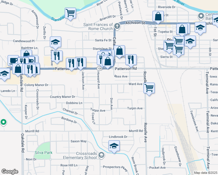 map of restaurants, bars, coffee shops, grocery stores, and more near 6243 Don Court in Riverbank