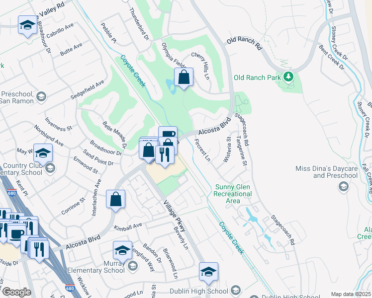 map of restaurants, bars, coffee shops, grocery stores, and more near 9200 Alcosta Boulevard in San Ramon