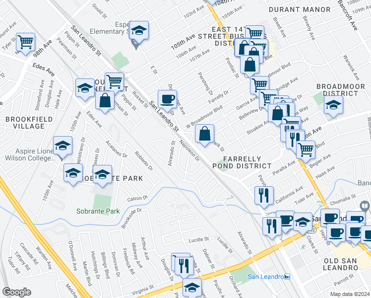 map of restaurants, bars, coffee shops, grocery stores, and more near 339 Napoleon Drive in San Leandro