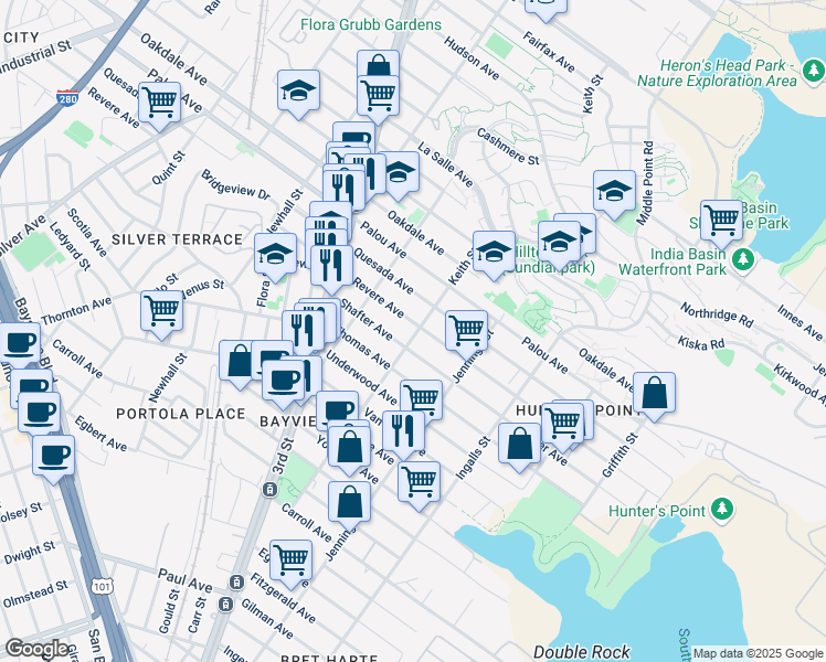map of restaurants, bars, coffee shops, grocery stores, and more near 1605 Keith Street in San Francisco