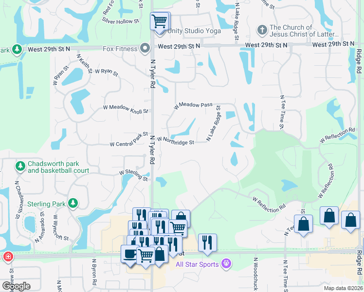 map of restaurants, bars, coffee shops, grocery stores, and more near 8506 West Northridge Street in Wichita