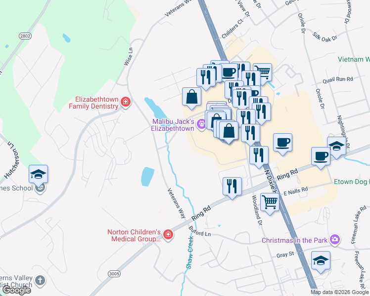 map of restaurants, bars, coffee shops, grocery stores, and more near 324 Towne Drive in Elizabethtown