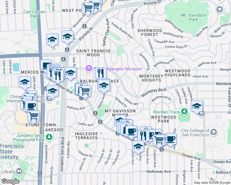 map of restaurants, bars, coffee shops, grocery stores, and more near 2 Westgate Drive in San Francisco
