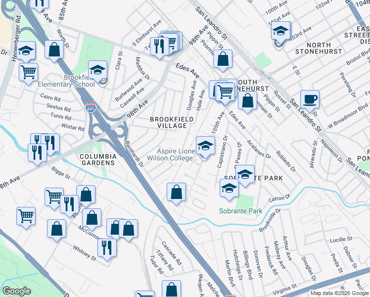map of restaurants, bars, coffee shops, grocery stores, and more near 418 Douglas Avenue in Oakland