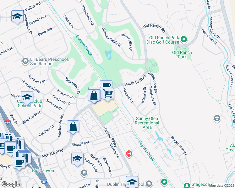 map of restaurants, bars, coffee shops, grocery stores, and more near 9200 Alcosta Boulevard in San Ramon