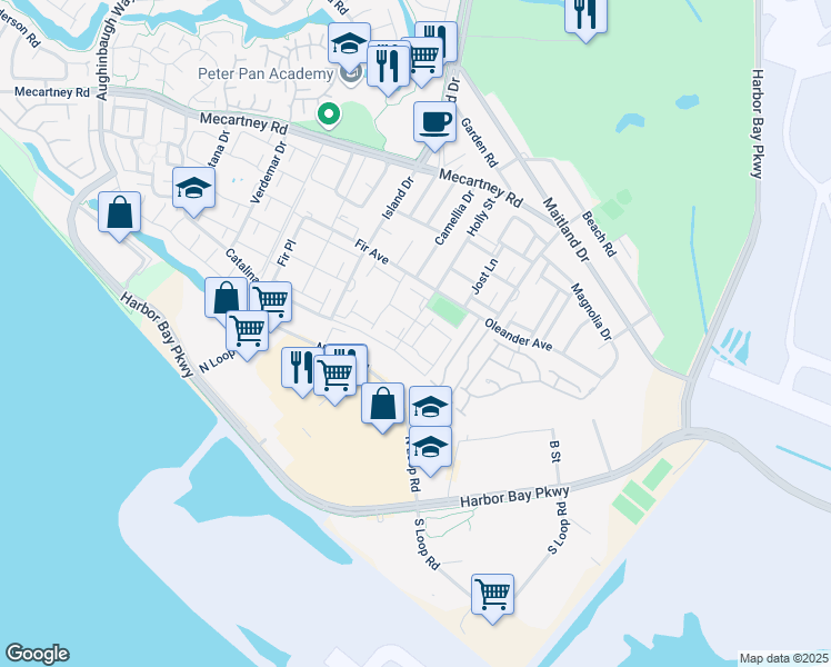 map of restaurants, bars, coffee shops, grocery stores, and more near 1142 Holly Street in Alameda