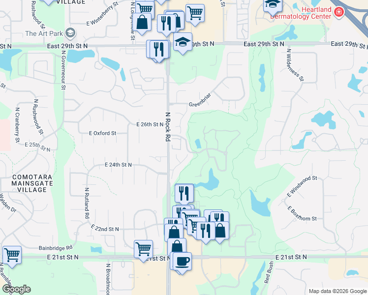 map of restaurants, bars, coffee shops, grocery stores, and more near 2614 North Executive Way in Wichita