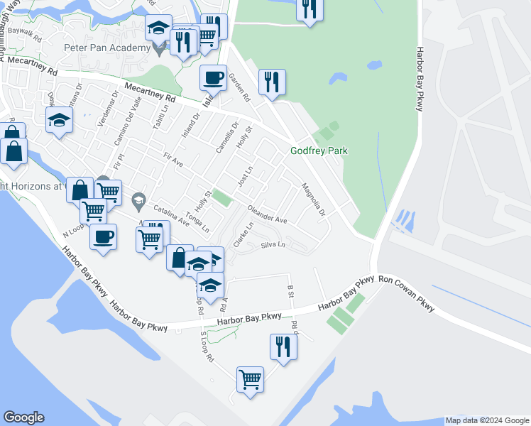map of restaurants, bars, coffee shops, grocery stores, and more near 3521 Oleander Avenue in Alameda