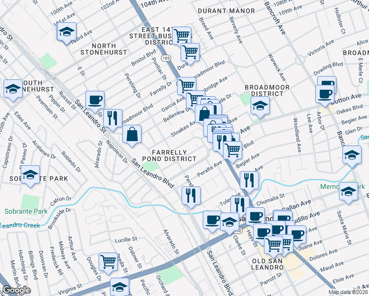 map of restaurants, bars, coffee shops, grocery stores, and more near 255 Cherrywood Avenue in San Leandro