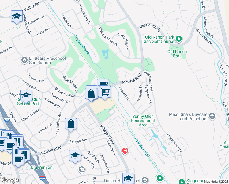map of restaurants, bars, coffee shops, grocery stores, and more near 9200 Alcosta Boulevard in San Ramon