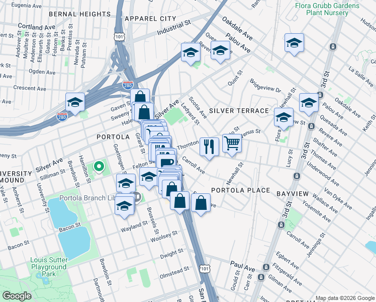 map of restaurants, bars, coffee shops, grocery stores, and more near 667 Thornton Avenue in San Francisco