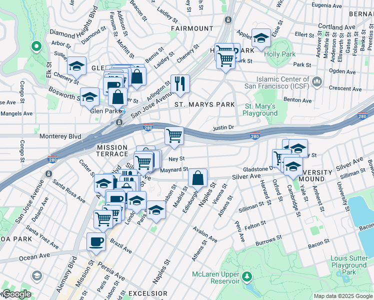 map of restaurants, bars, coffee shops, grocery stores, and more near 4095 Mission Street in San Francisco