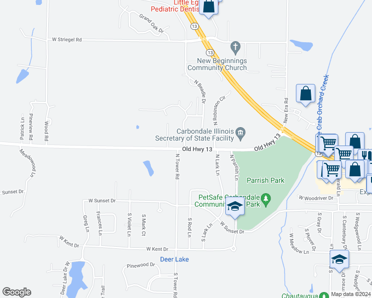 map of restaurants, bars, coffee shops, grocery stores, and more near 2800 West Murphysboro Road in Carbondale
