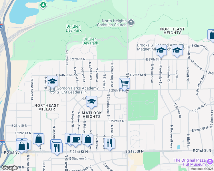 map of restaurants, bars, coffee shops, grocery stores, and more near 2626 North Erie Street in Wichita