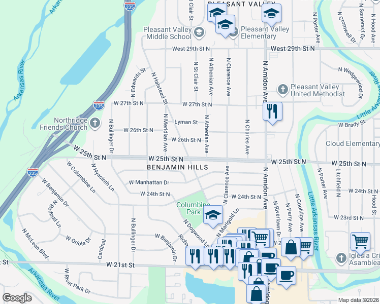 map of restaurants, bars, coffee shops, grocery stores, and more near 2217 W 26th Street North in Wichita