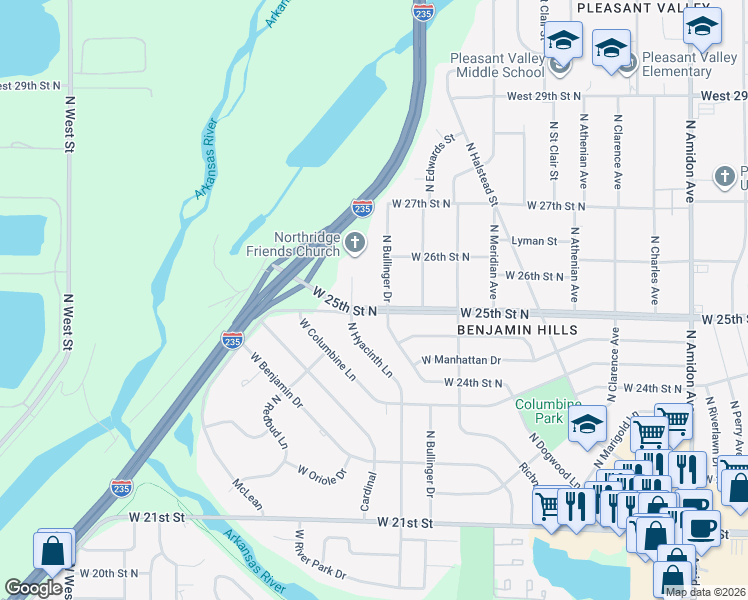 map of restaurants, bars, coffee shops, grocery stores, and more near 2613 Bullinger Street in Wichita
