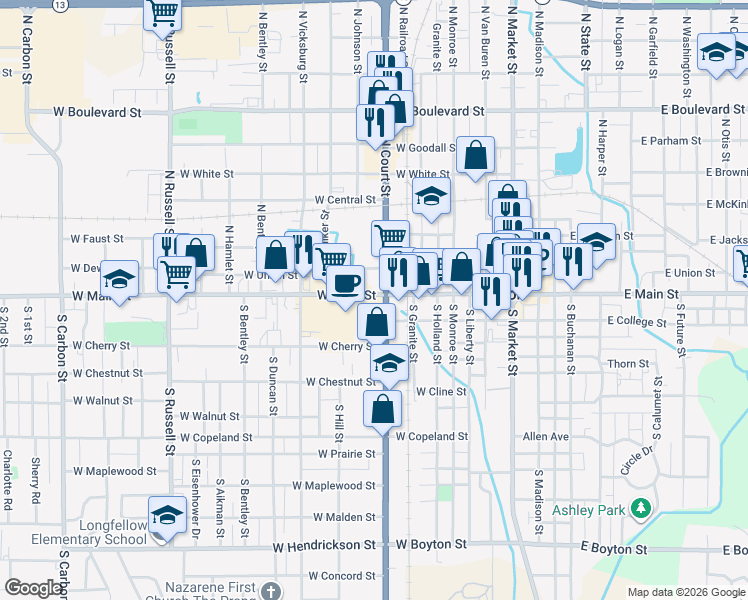 map of restaurants, bars, coffee shops, grocery stores, and more near in Marion