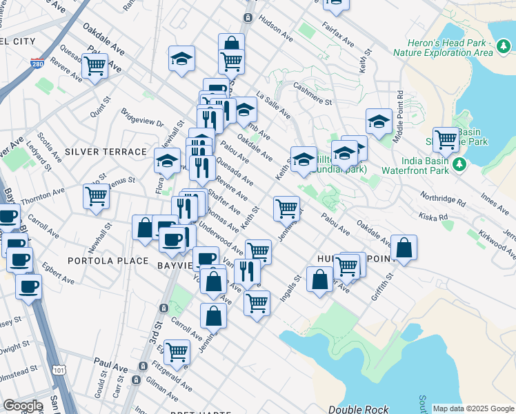 map of restaurants, bars, coffee shops, grocery stores, and more near Revere Ave & Keith St in San Francisco