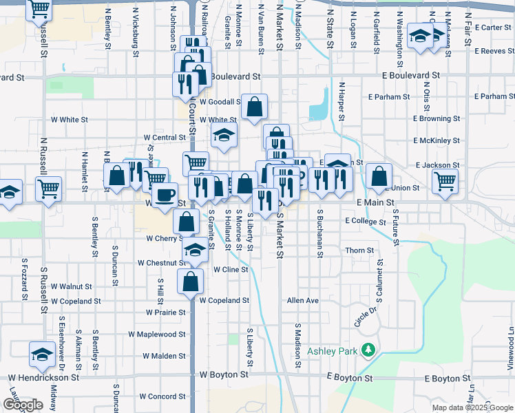 map of restaurants, bars, coffee shops, grocery stores, and more near 300 West Main Street in Marion
