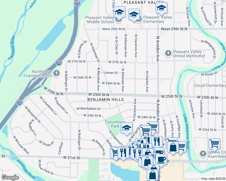 map of restaurants, bars, coffee shops, grocery stores, and more near 2217 W 26th Street North in Wichita