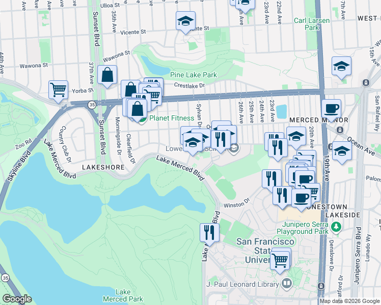 map of restaurants, bars, coffee shops, grocery stores, and more near 1300 Eucalyptus Drive in San Francisco