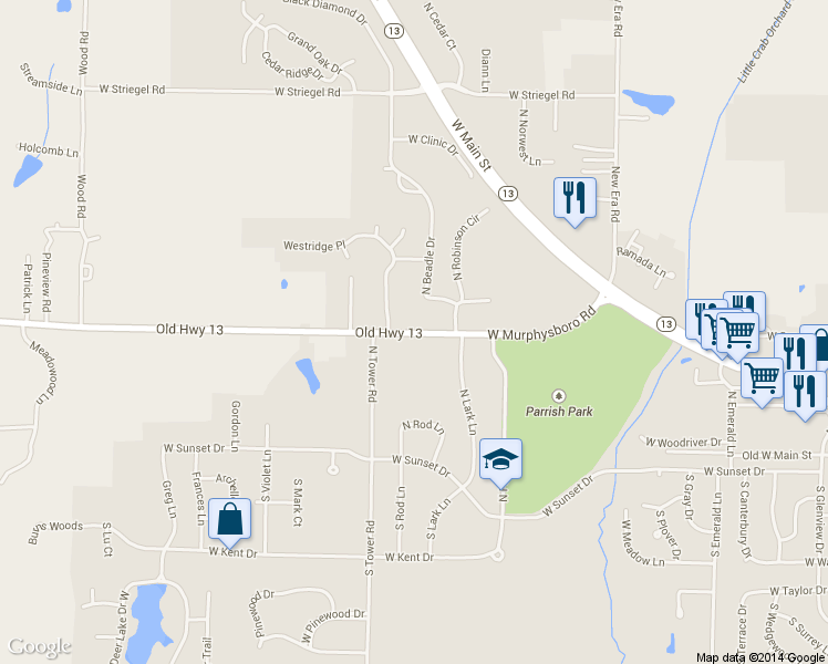 map of restaurants, bars, coffee shops, grocery stores, and more near 2800 West Murphysboro Road in Carbondale