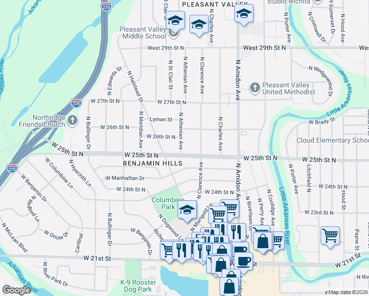 map of restaurants, bars, coffee shops, grocery stores, and more near 2628 North Athenian Avenue in Wichita