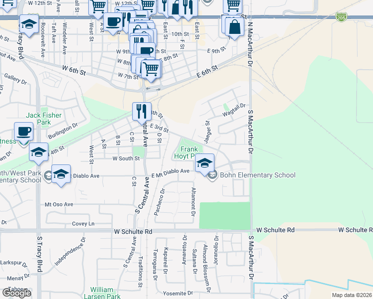 map of restaurants, bars, coffee shops, grocery stores, and more near 234 Dale Odell Drive in Tracy