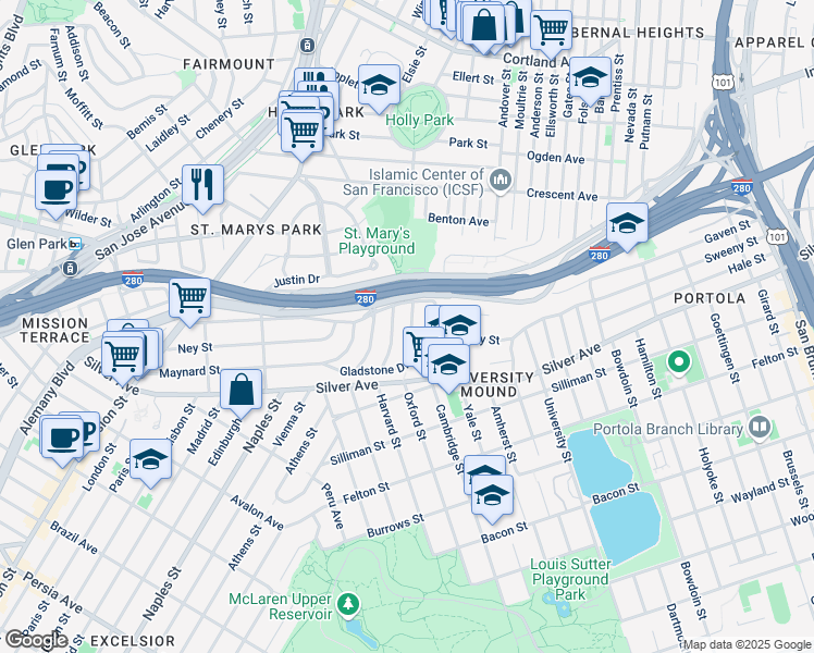 map of restaurants, bars, coffee shops, grocery stores, and more near 10 Stoneyford Avenue in San Francisco