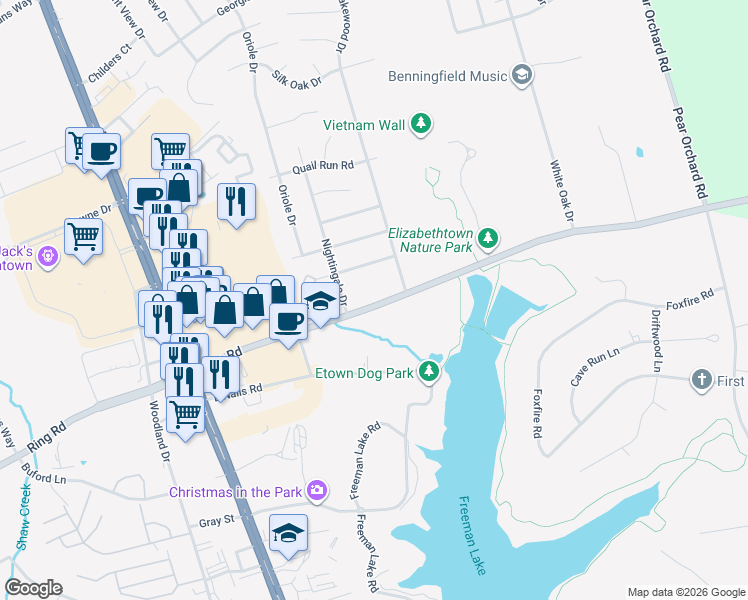 map of restaurants, bars, coffee shops, grocery stores, and more near 1700 Kentucky 3005 in Elizabethtown