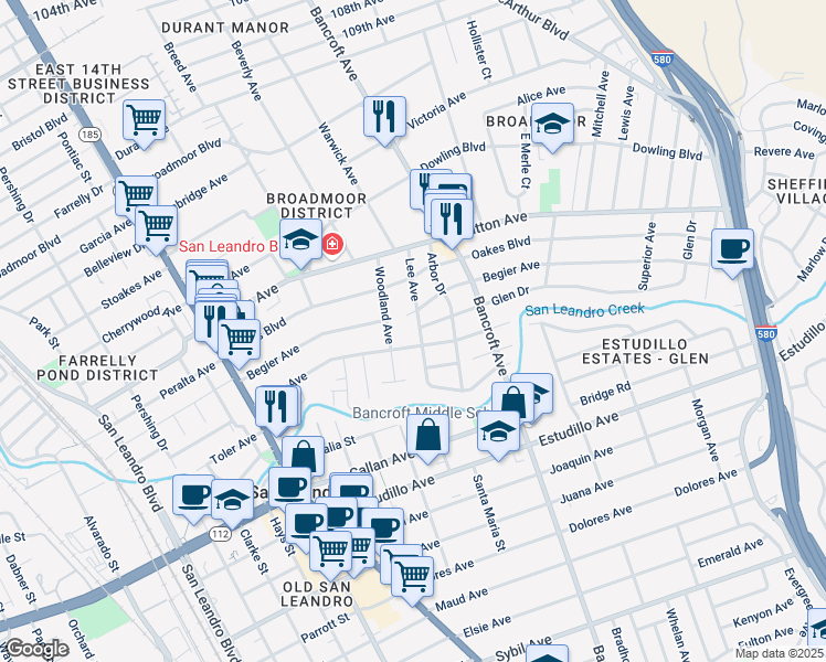 map of restaurants, bars, coffee shops, grocery stores, and more near 811 Lee Avenue in San Leandro