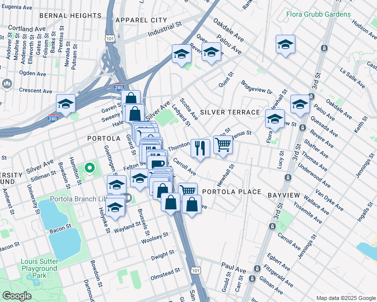map of restaurants, bars, coffee shops, grocery stores, and more near 667 Thornton Avenue in San Francisco