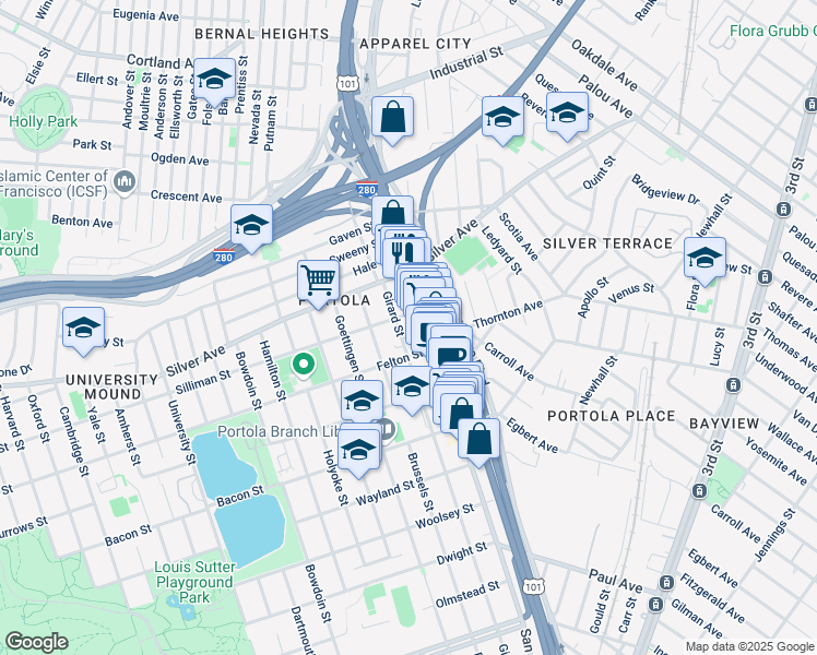 map of restaurants, bars, coffee shops, grocery stores, and more near 101 Girard Street in San Francisco