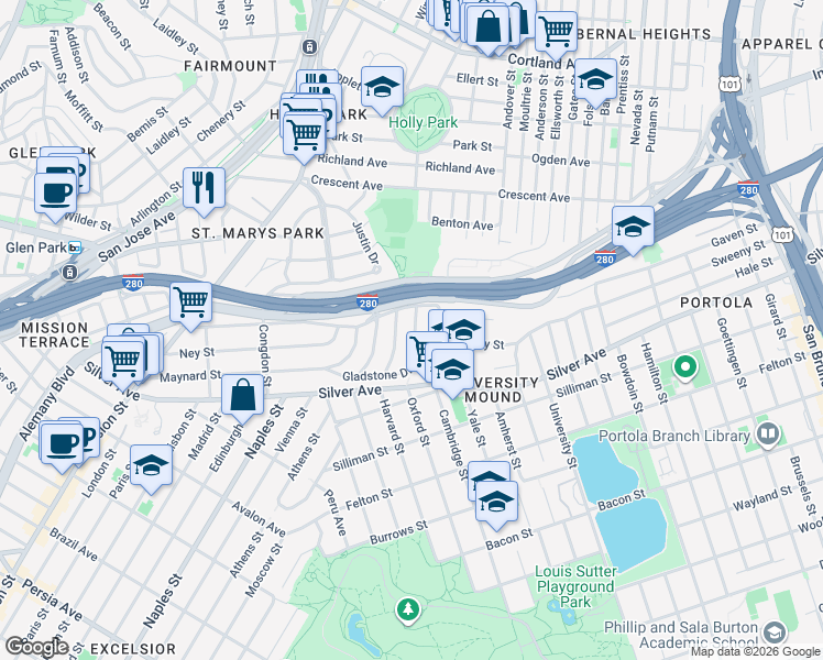 map of restaurants, bars, coffee shops, grocery stores, and more near 10 Stoneyford Avenue in San Francisco