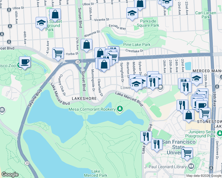 map of restaurants, bars, coffee shops, grocery stores, and more near 1741 Eucalyptus Drive in San Francisco